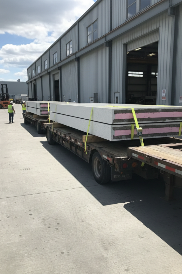 Precast wall panels prepared for delivery on truck