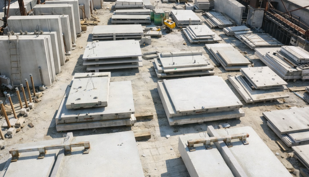 Insulated precast concrete wall panels with a polished white finish on a factory production line.