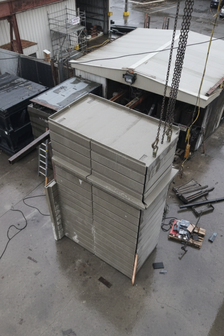Stacked precast wall panels at APS Precast facility