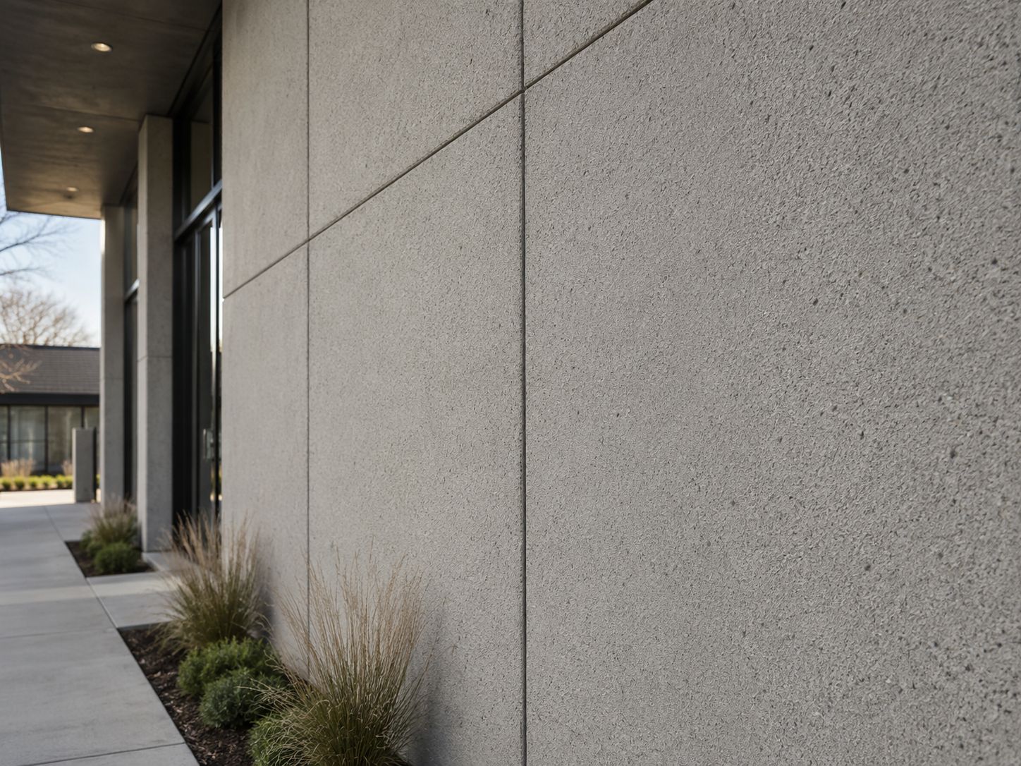 Sandblasted precast concrete finish on exterior architectural wall panels