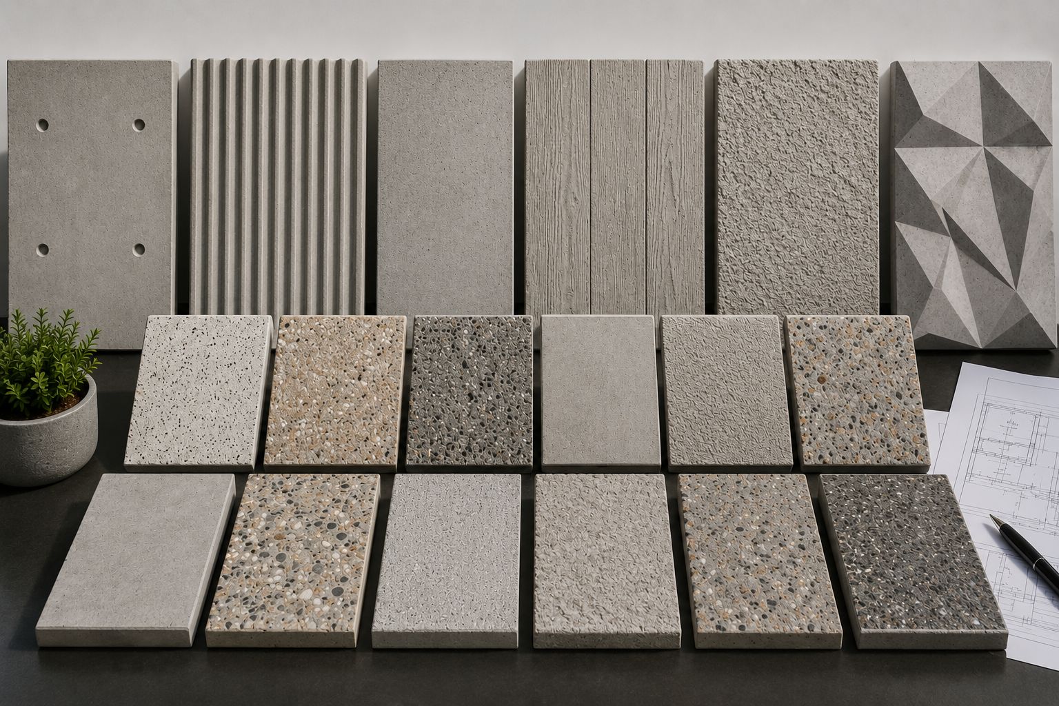 Precast concrete finish samples and mockups used for architectural review and specification approval
